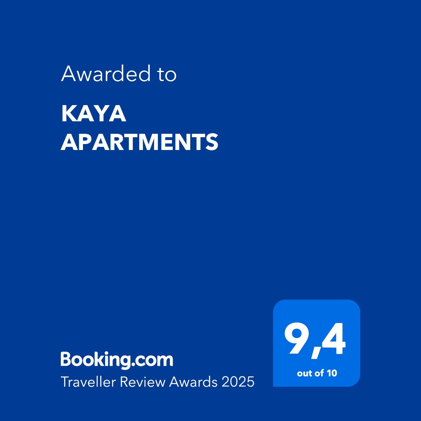Kaya Apartments Booking.com Certificate